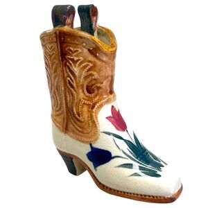Vintage Cowboy Boot Ceramic Figurine Tulip Flowers Occupied Japan -CUTE!